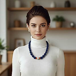 Lacivert Kumaş Kolye – Mercan ve Fildişi Detayla